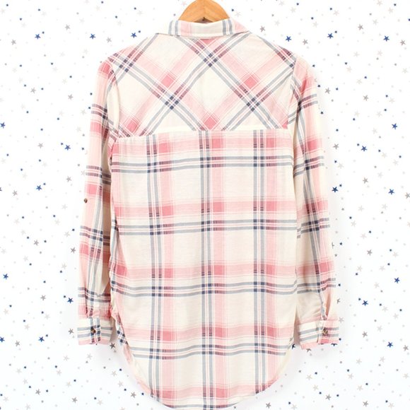 Knit Plaid Button Up Shirt Hi Lo Hem Ivory Coral Blue - Picture 2 of 8